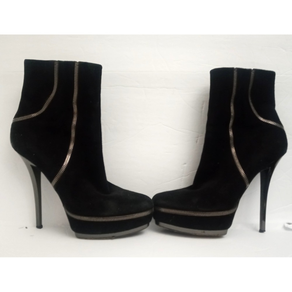 Gucci Black Suede Leather Platform Ankle Boots ~ Silver Zipper Trim Sz EU 38.5